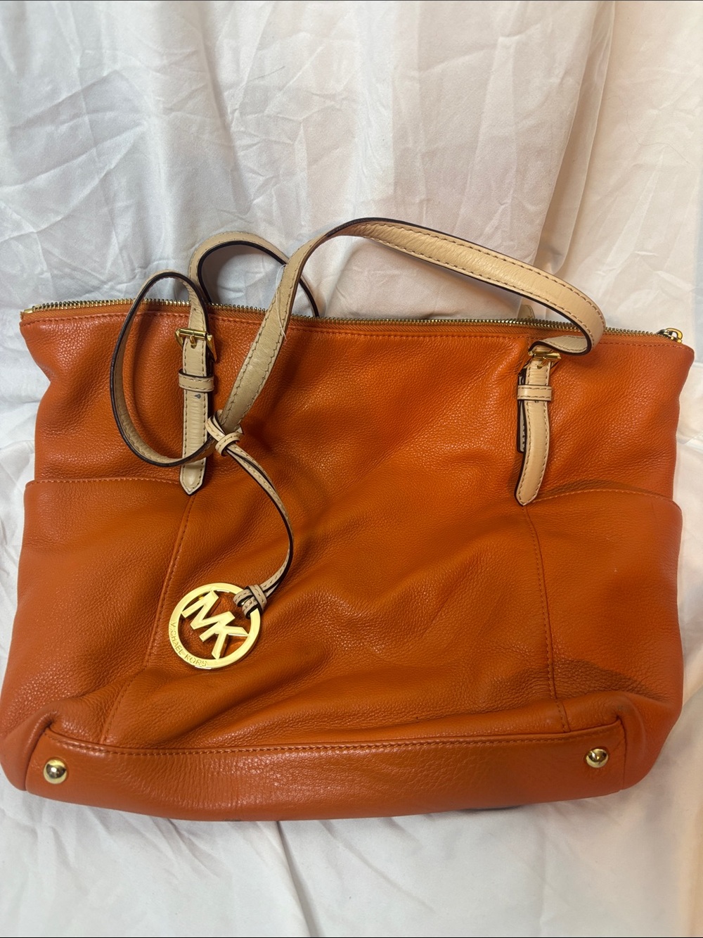 Michael Kors Orange Leather Tote with Beige Handles and Gold MK Charm